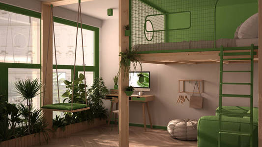 极简主义公寓，带阁楼双层床夹层秋千。客厅配有沙发家庭办公场所办公桌电脑。带植物的窗户，白色和绿色的室内设计