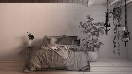 建筑师室内设计师概念成为现实的未完成项目，当代卧室特写，拼花地板，木制阁楼。床枕头毯子和羽绒被盆栽