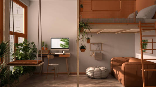 极简主义公寓，带阁楼双层床夹层秋千。客厅配有沙发家庭办公场所办公桌电脑。带植物的窗户，白色和橙色的室内设计