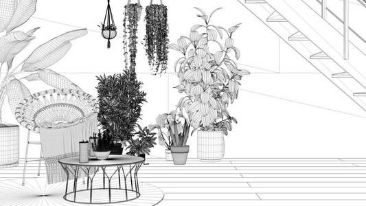 蓝图项目草案，乡村休息室，带藤椅和咖啡桌，拼花地板，楼梯。砖墙，白色工业室内设计。充满盆栽植物的放松空间