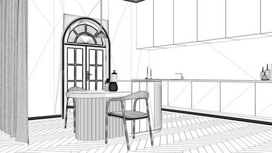 蓝图项目草案，优雅的厨房在经典的房间与灰泥模制墙壁，拼花地板。拱形全景窗，岛上有椅子花瓶蜡烛和花色。室内设计