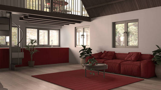 带有夹层和楼梯拼花地板和全景窗的现代阁楼。工作室公寓，开放空间，客厅，沙发，厨房和露台，白色和红色室内设计