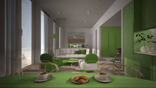 一居室公寓，白色和绿色室内设计，镶木地板，开放空间厨房，餐桌，客厅带沙发，扶手椅，卧室有床。带窗帘的全景窗