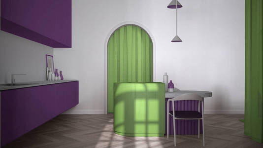 彩色优雅的厨房在经典的房间，灰泥模制墙壁，拼花地板。拱形全景窗，岛上有椅子花瓶蜡烛和花色。绿色和紫色室内设计