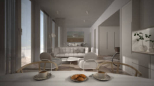 模糊背景室内设计一居室公寓，镶木地板，开放空间厨房带餐桌，客厅带沙发，扶手椅，卧室带床。全景窗