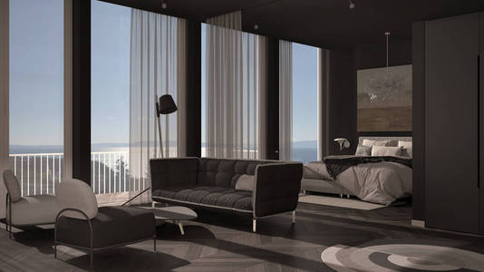 一居室公寓，白色和灰色室内设计，镶木地板，开放空间客厅带沙发扶手椅桌子，卧室配有双人床和毯子。带窗帘的全景窗