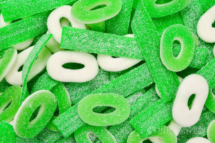 各种绿色软糖背景俯视图果冻糖