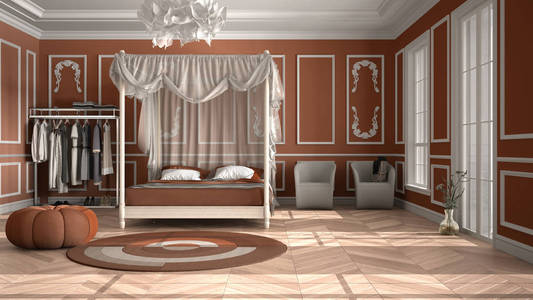 经典豪华卧室酒店套房人字形拼花地板灰泥模制墙壁带枕头和毯子的双天棚床圆形地毯扶手椅橙色室内设计