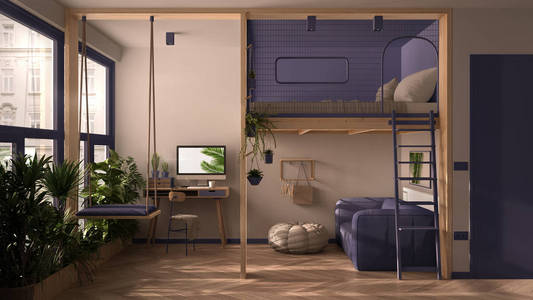 极简主义公寓，带阁楼双层床夹层秋千。客厅配有沙发家庭办公场所办公桌电脑。带植物的窗户，白色和紫色的室内设计