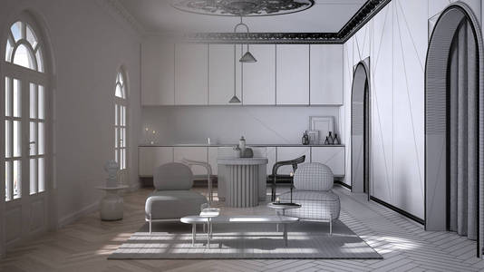 建筑师室内设计师概念未完成的项目成为现实，豪华休息室，客厅和厨房在拼花地板。岛上有椅子，扶手椅有地毯