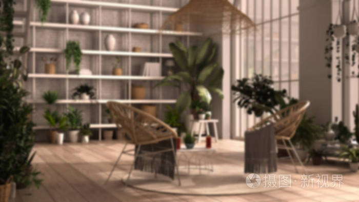 模糊背景室内设计 现代温室 冬季花园室内设计 带扶手椅的休息室 带楼梯的夹层 镶木地板 充满盆栽植物的放松空间照片 正版商用图片27cb2d 摄图新视界