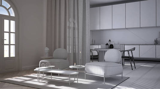建筑师室内设计师概念未完成的项目成为现实，豪华休息室，客厅和厨房在拼花地板。岛上有椅子，扶手椅和带地毯的沙发