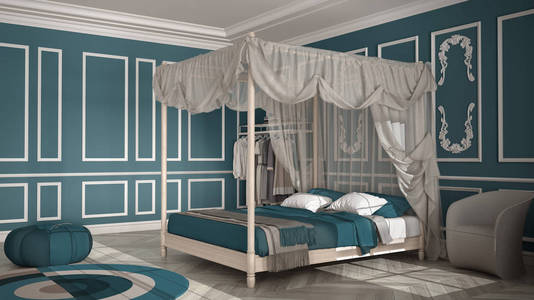 经典豪华卧室酒店套房人字形拼花地板灰泥模制墙壁带枕头和毯子的双天棚床圆形地毯扶手椅蓝色室内设计