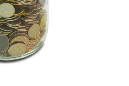 golden coins stack in clear bottle isolated on white background 