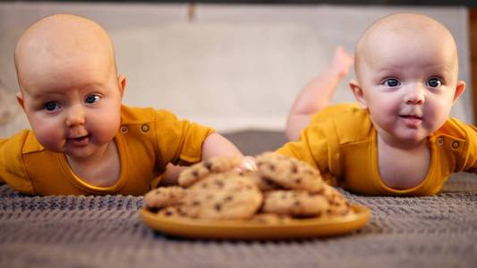 两个可爱的双胞胎宝宝爬到巧克力饼干前