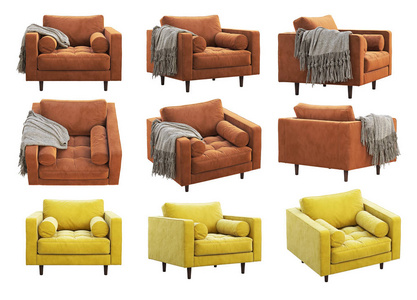 中世纪的陶土和黄色天鹅绒软垫扶手椅。3d渲染。拼贴。家具收藏