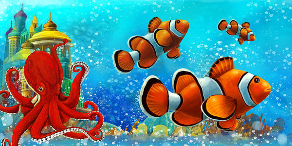 在美丽的水下王国珊瑚礁与鱼卡通场景儿童插图