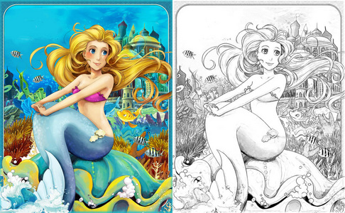 卡通场景与美人鱼公主坐在大贝壳在水下王国与鱼的彩色页面儿童插图
