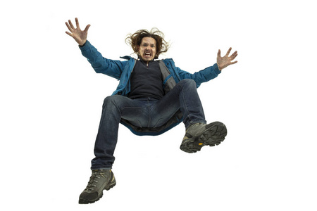 跌倒前一秒-年轻人摔倒时情绪和表情都很好照片