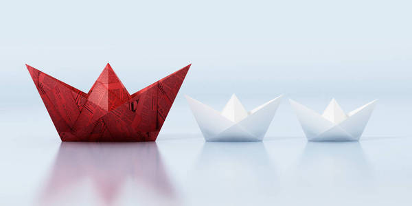 红纸船领先的白色常规纸船。三维插图