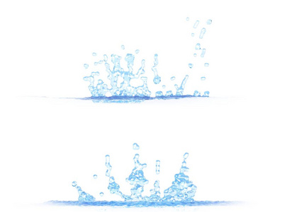 3D插图的两个方面的美丽的水飞溅样机孤立在白色，创造性的仍然
