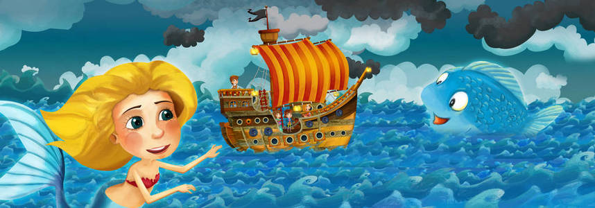 卡通场景与旧船航行在风暴与美人鱼观看插图为儿童