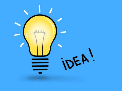 天才的闪光蓝色背景上有照明和想法铭文的灯泡.照片