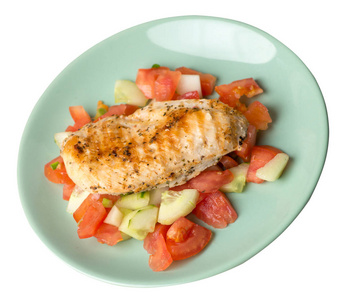  grilled chicken breast salad with tomato, cucumber and onion .g