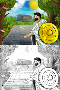 罗马或希腊古代人物附近的卡通场景