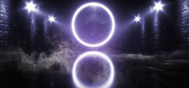 Smoke Fog Glowing Circle Laser Neon Tubes Purple Blue In Studio 