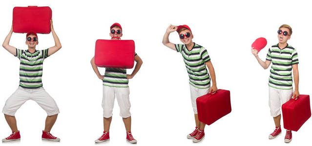 年轻人拿着白色隔离的红色手提箱