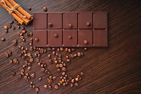 chocolate bar and coffee beans 