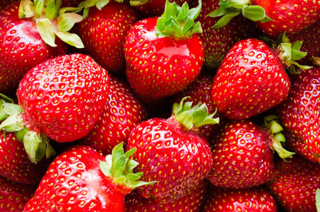 新鲜成熟草莓的背景。有机多汁浆果。