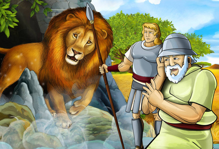希腊或罗马战士或哲学家与尼米亚狮子搏斗的卡通场景儿童插图