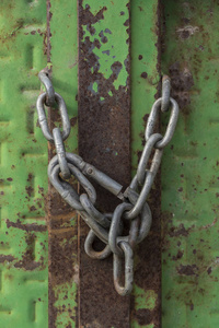 旧金属门上用链条锁上的锁