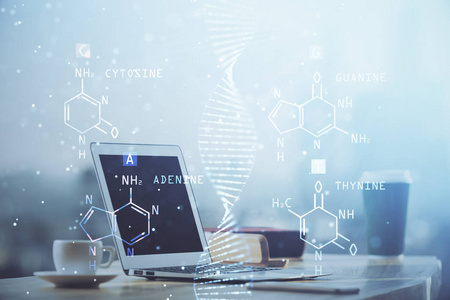 桌面电脑背景和DNA绘图。双重曝光。科学概念。