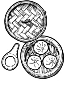 黑白线性图形.水墨手绘.亚洲食品.中国菜.手绘插图.