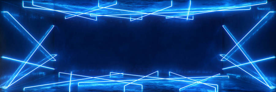 抽象的蓝色室内或带有霓虹灯的走廊。荧光灯。未来主义建筑背景。照亮室内空间的霓虹灯的3d插图。你的设计项目的模型