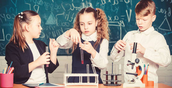 快乐的孩子们.化学课.小朋友在学校实验室学习化学.化学教育.