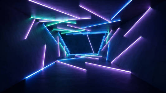 抽象内饰，蓝色和粉色霓虹灯。荧光灯。未来主义建筑背景。三维霓虹灯，照亮室内空间。你的设计项目的模型