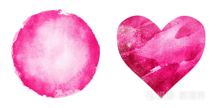 以白色为背景的两个水彩画圆圈和心形