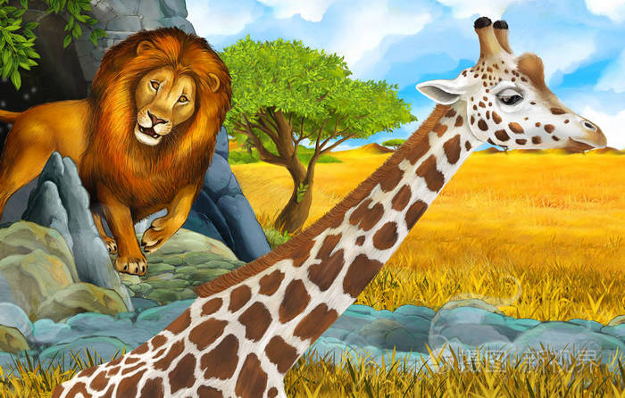 卡通野生动物狩猎场景与狮子和长颈鹿插图