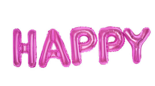 单词HAPPY由粉红色的铝箔气球在白色背景上字母组成