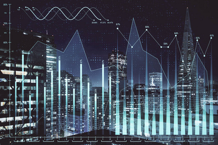 金融图夜市景观与高楼背景多重曝光。分析概念。