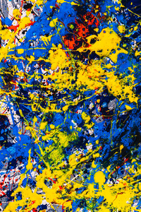 抽象表现主义。用滴水技巧画的画。混合不同颜色的红黄蓝白黑。垂直方向。
