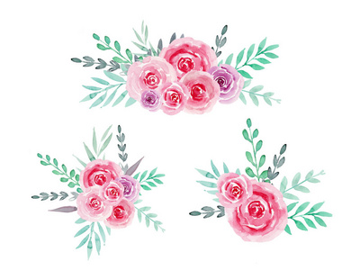 水彩波西米亚花束，粉红色玫瑰和绿色树枝