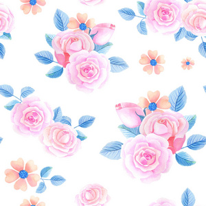 白色背景上的水彩花。无缝图案，粉色玫瑰图案