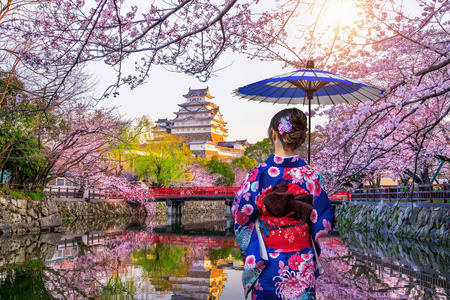 穿着日本传统和服的亚洲妇女看着樱花和城堡。