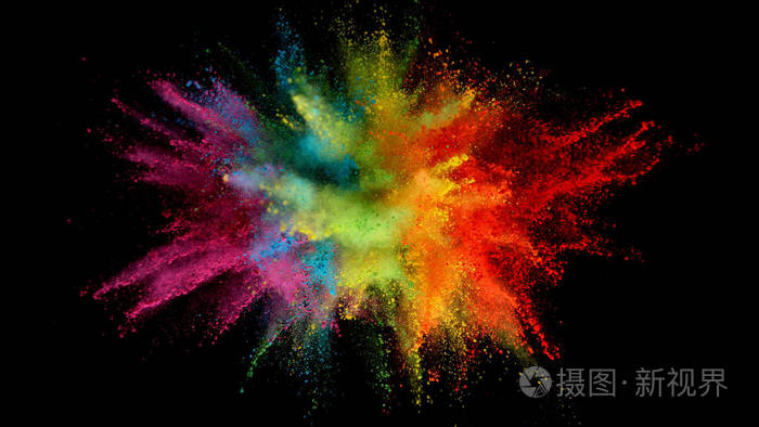 黑色背景上隔离的彩色粉末爆炸