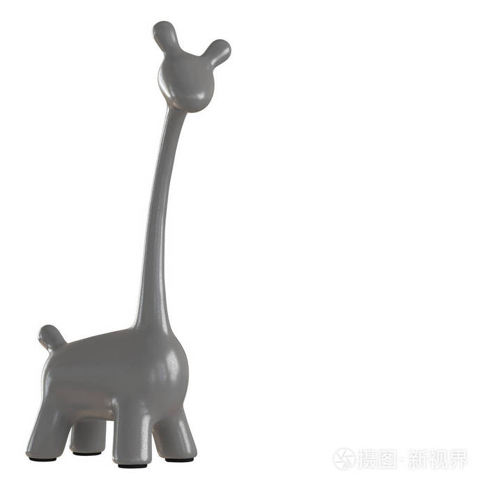 白色背景上的灰色装饰长颈鹿雕像。三维渲染